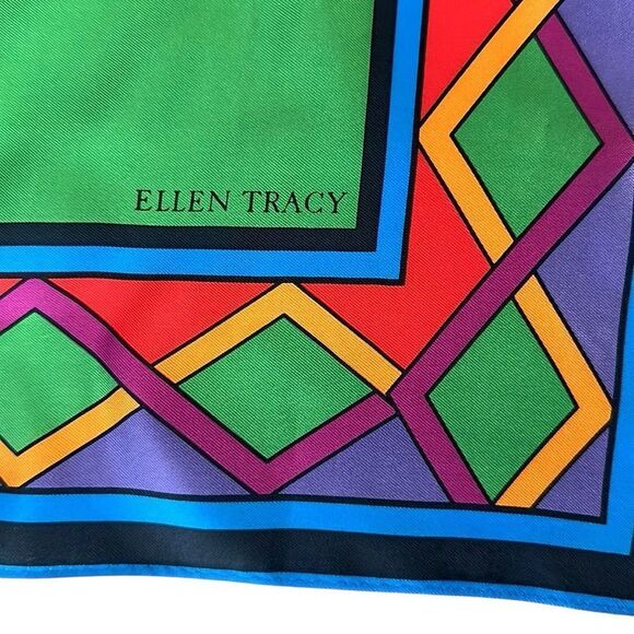 Linda Allard Ellen Tracy Silk Square Scarf Bright Colors Geometric Print Japan - Picture 9 of 11